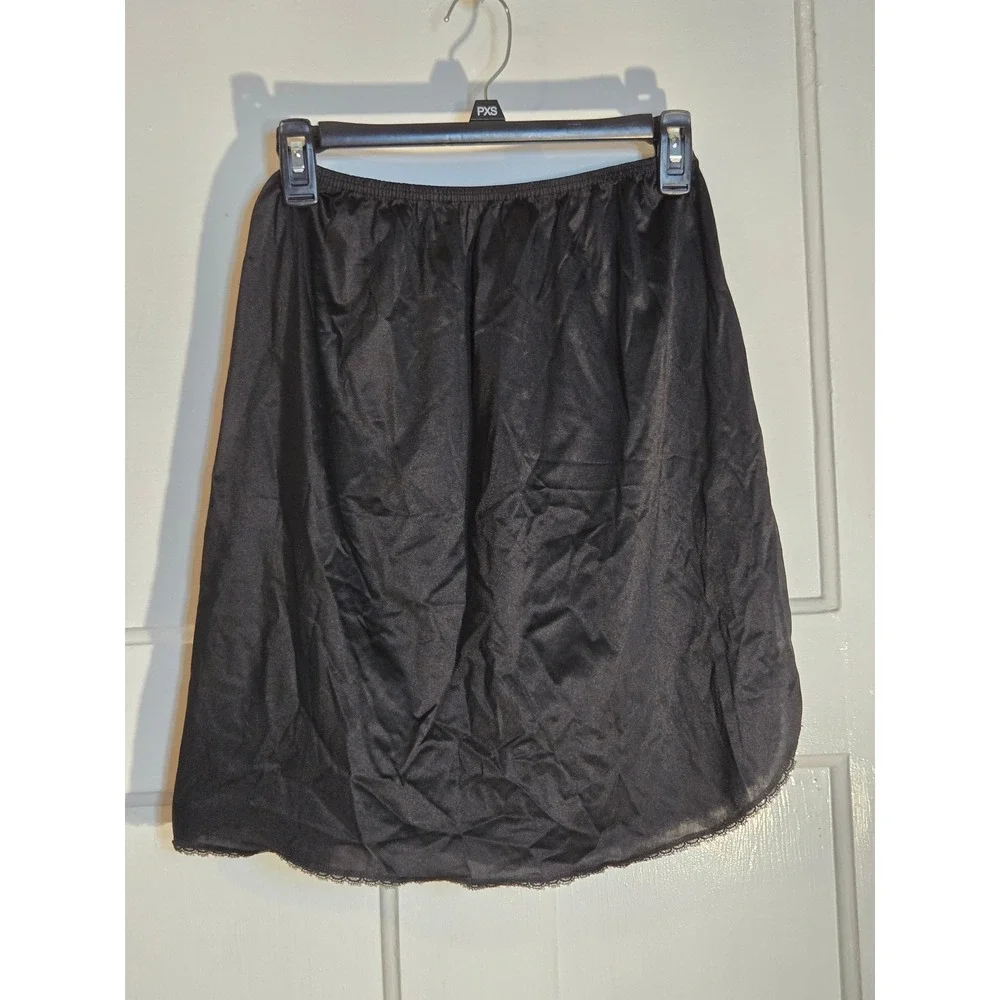 Vintage Vanity Fair Black Nylon Tricot Half Slip Lace Trim Side Slit Medium 20in